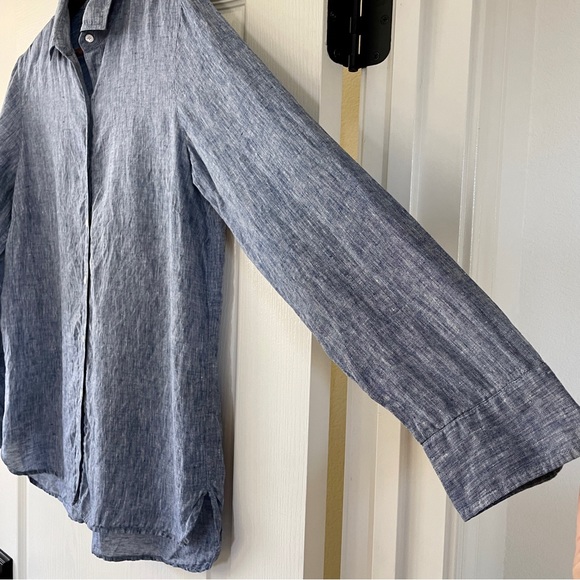 J. McLaughlin Britt Linen Point Collar Long Sleeve Blue Button Front Shirt Top L - Picture 5 of 16